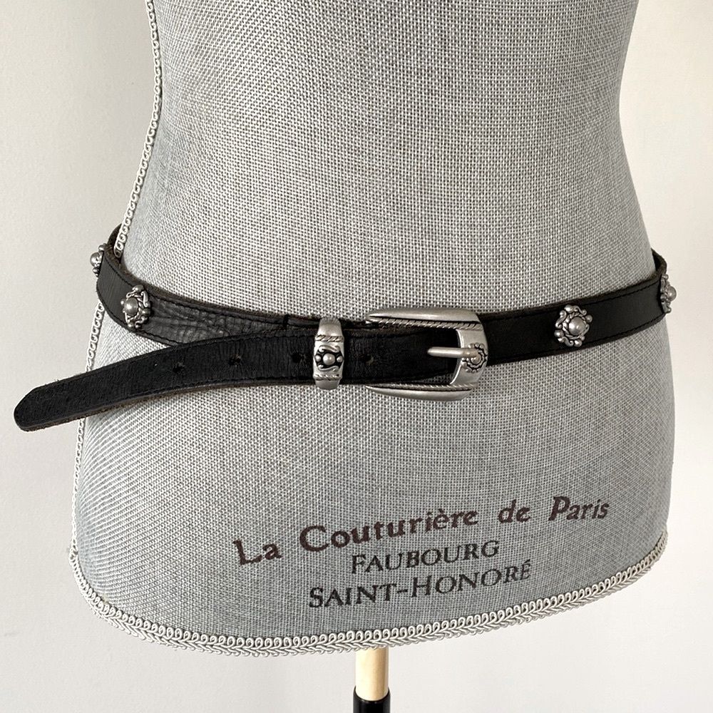 VTG Distressed Black Leather Belt Silver Buckle & Studs Accents Boho Moto